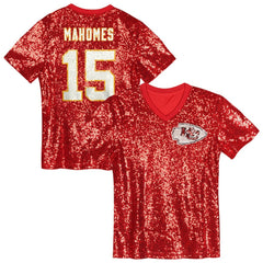 NFL Patrick Mahomes Kansas City Chiefs Girls Youth Sequin V-Neck Fashion Jersey - Red discount