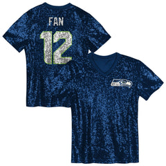 NFL 12 Fan Seattle Seahawks Girls Youth Sequin V-Neck Fashion Jersey - College Navy for sale