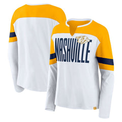 NHL Nashville Predators Fanatics Women's Frozen Long Sleeve Notch Neck T-Shirt - White/Gold