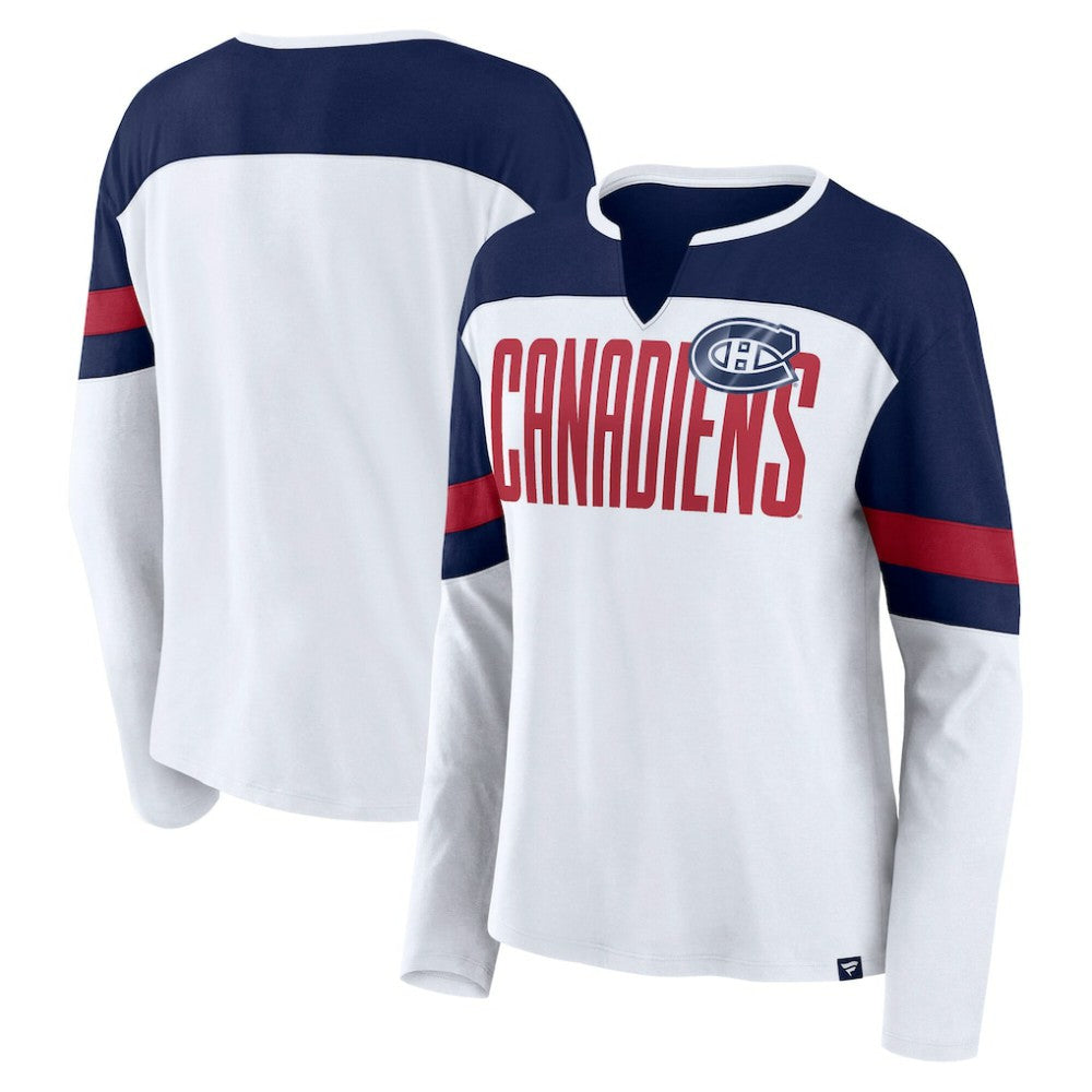 NHL Montreal Canadiens Fanatics Women's Frozen Long Sleeve Notch Neck T-Shirt - White/Navy