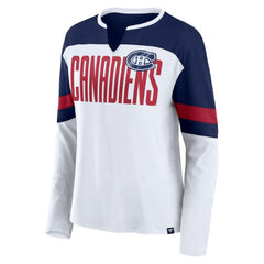 NHL Montreal Canadiens Fanatics Women's Frozen Long Sleeve Notch Neck T-Shirt - White/Navy