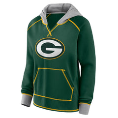 Green Bay Packers Logo Athletic Women's Boom Fleece Pullover V-Neck Hoodie Green