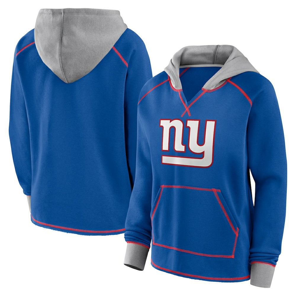 New York Giants Logo Athletic Women's Boom Fleece Pullover V-Neck Hoodie Royal