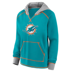 Miami Dolphins Logo Athletic Women's Boom Fleece Pullover V-Neck Hoodie Aqua