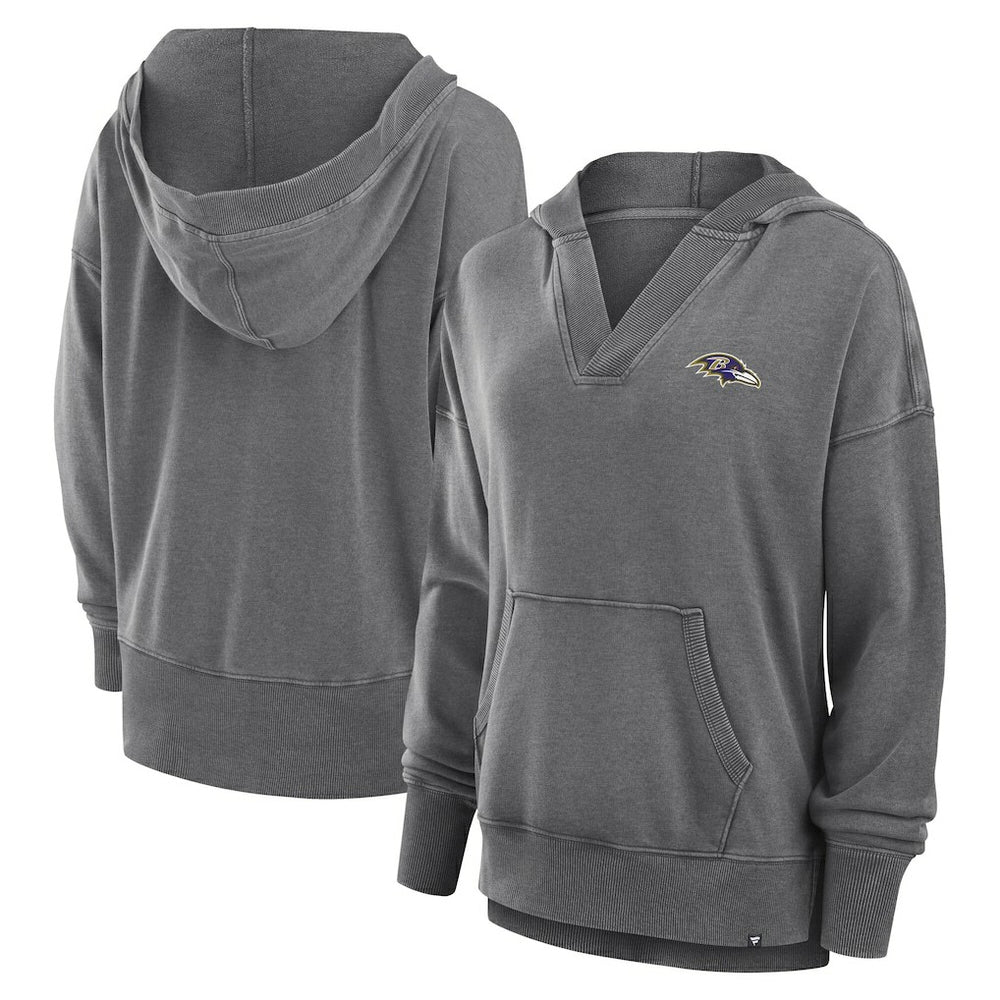 Baltimore Ravens Women's Initiative Snow Wash French Terry V-Neck Pullover Hoodie Heather Charcoal