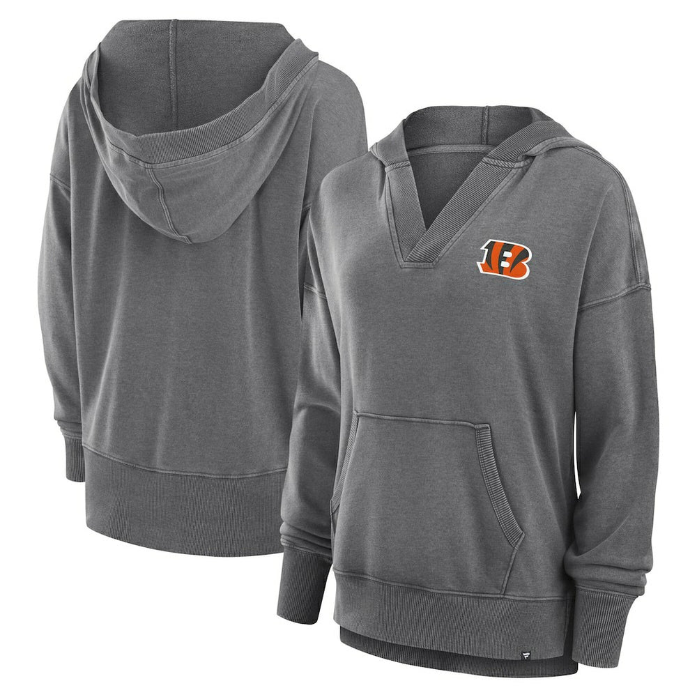 Cincinnati Bengals Women's Initiative Snow Wash French Terry V-Neck Pullover Hoodie Heather Charcoal