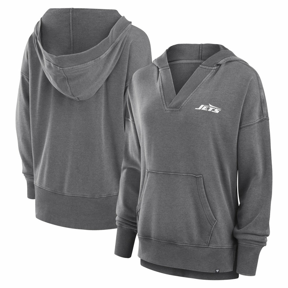 New York Jets Women's Initiative Snow Wash French Terry V-Neck Pullover Hoodie Heather Charcoal