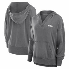New York Jets Women's Initiative Snow Wash French Terry V-Neck Pullover Hoodie Heather Charcoal