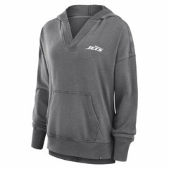 New York Jets Women's Initiative Snow Wash French Terry V-Neck Pullover Hoodie Heather Charcoal