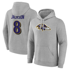 Lamar Jackson Baltimore Ravens Icon Player Name & Number Pullover Hoodie Gray