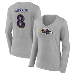 Lamar Jackson Baltimore Ravens Women's Icon Player Name & Number Long Sleeve V-Neck T-Shirt Gray