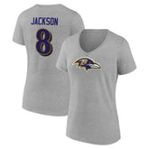 Lamar Jackson Baltimore Ravens Women's Icon Player Name & Number V-Neck T-Shirt Gray