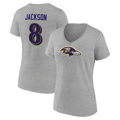 Lamar Jackson Baltimore Ravens Women's Icon Player Name & Number V-Neck T-Shirt Gray
