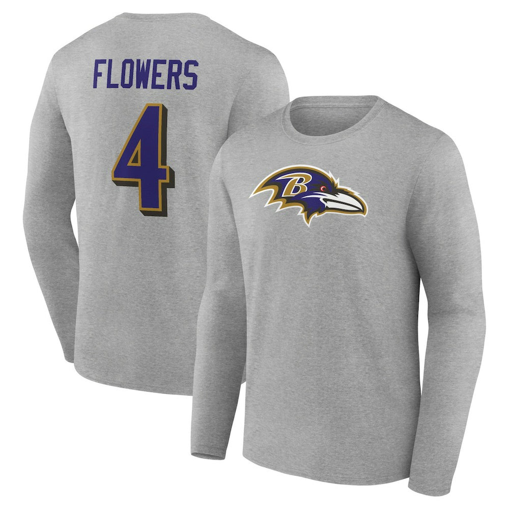 Zay Flowers Baltimore Ravens Icon Player Name & Number Long Sleeve T-Shirt Gray