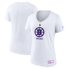 NHL Boston Bruins Fanatics Women's 2024 Hockey Fights Cancer V-Neck T-Shirt - White