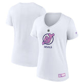 NHL New Jersey Devils Fanatics Women's 2024 Hockey Fights Cancer V-Neck T-Shirt - White
