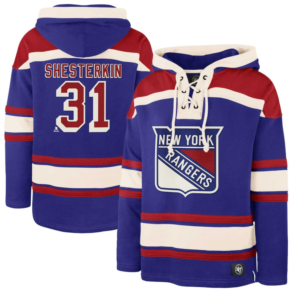 NHL Igor Shesterkin New York Rangers '47 Player Name & Number Lacer Pullover Hoodie - Blue