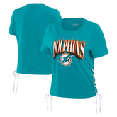 Miami Dolphins WEAR by Erin Andrews Women's Lace Up Side Modest Cropped T-Shirt Aqua
