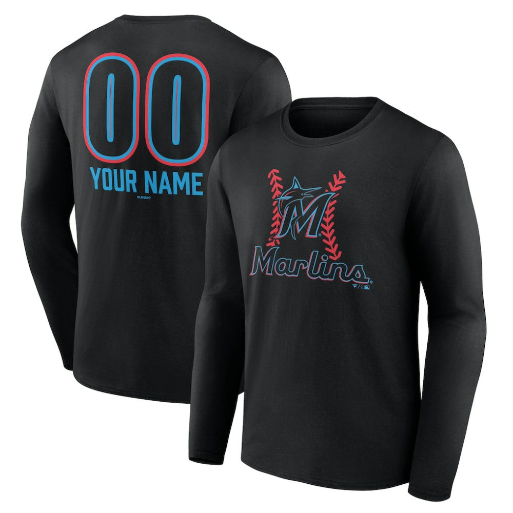 Miami Marlins Personalized Name & Number Fastball Long Sleeve T-Shirt - Black T-shirts