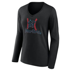 Miami Marlins Women's Personalized Name & Number Fastball Long Sleeve V-Neck T-Shirt - Black T-shirts