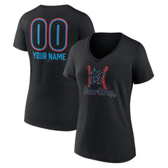 Miami Marlins Women's Personalized Name & Number Fastball V-Neck T-Shirt - Black T-shirts