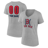 Boston Red Sox Women's Personalized Name & Number Fastball V-Neck T-Shirt - Gray T-shirts