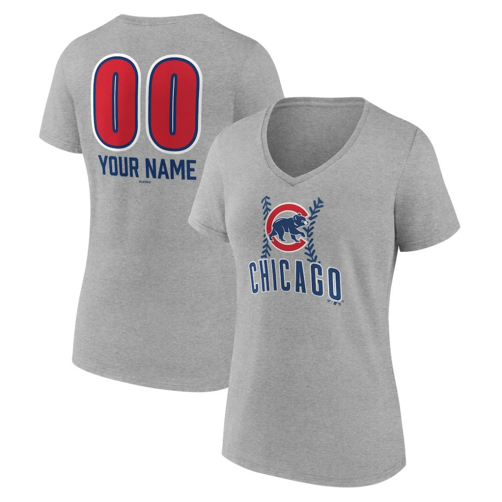 Chicago Cubs Women's Personalized Name & Number Fastball V-Neck T-Shirt - Gray T-shirts