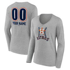 Houston Astros Women's Personalized Name & Number Fastball Long Sleeve V-Neck T-Shirt - Gray T-shirts