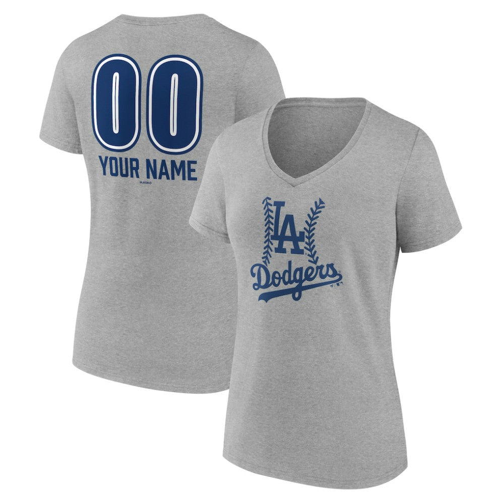 Los Angeles Dodgers Women's Personalized Name & Number Fastball V-Neck T-Shirt - Gray T-shirts