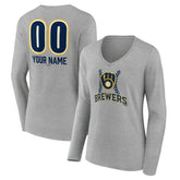 Milwaukee Brewers Women's Personalized Name & Number Fastball Long Sleeve V-Neck T-Shirt - Gray T-shirts