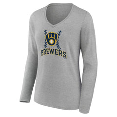 Milwaukee Brewers Women's Personalized Name & Number Fastball Long Sleeve V-Neck T-Shirt - Gray T-shirts
