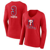 Bryce Harper Philadelphia Phillies Women's Fastball Player Name & Number Long Sleeve V-Neck T-Shirt - Red T-shirts