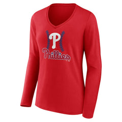 Bryce Harper Philadelphia Phillies Women's Fastball Player Name & Number Long Sleeve V-Neck T-Shirt - Red T-shirts