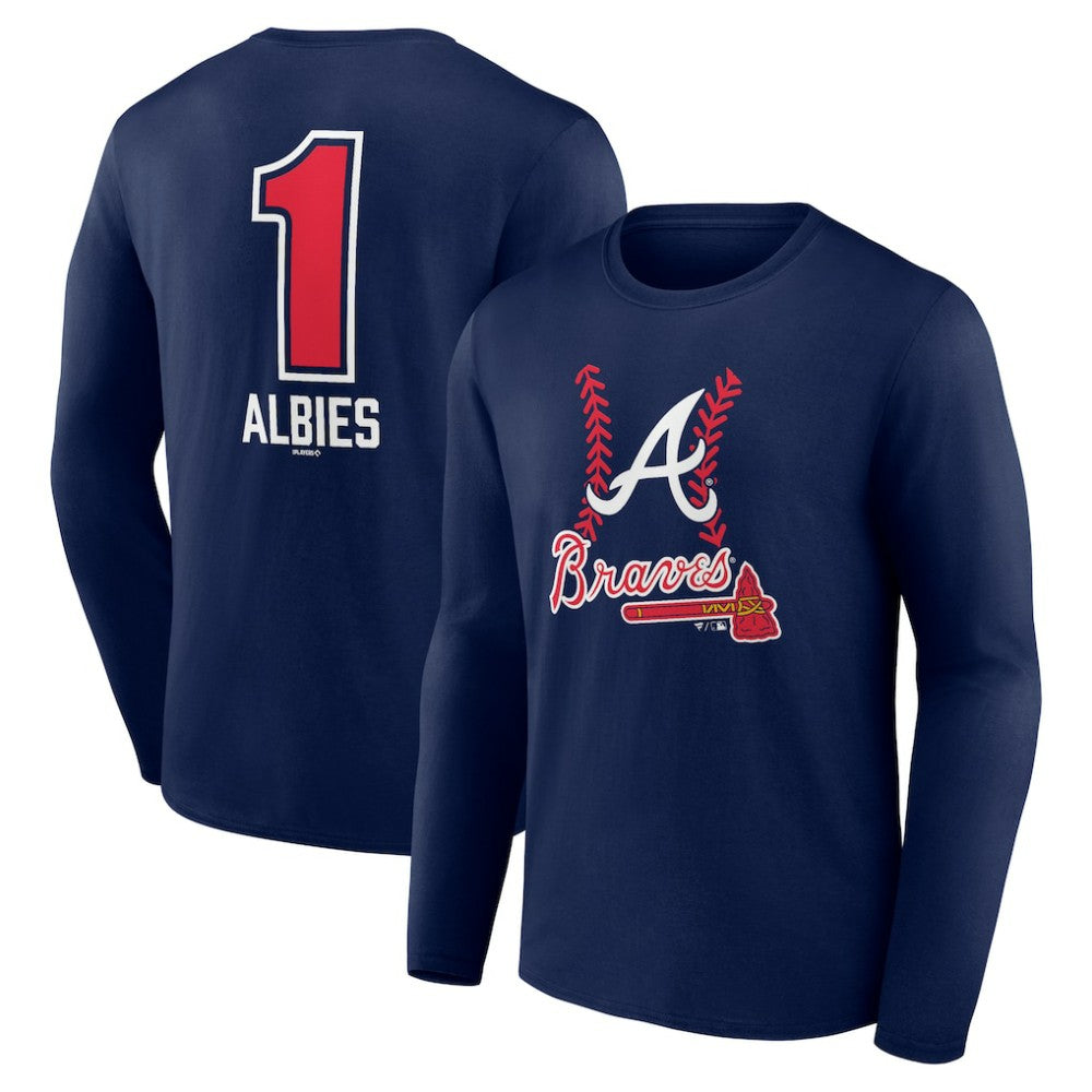 Ozzie Albies Atlanta Braves Fastball Player Name & Number Long Sleeve T-Shirt - Navy T-shirts