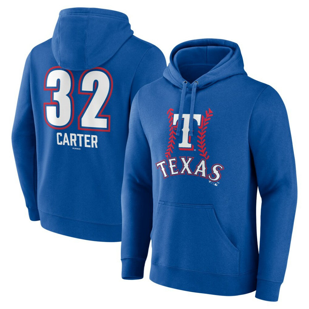 Evan Carter Texas Rangers Fastball Player Name & Number Pullover Hoodie - Royal Hoodies