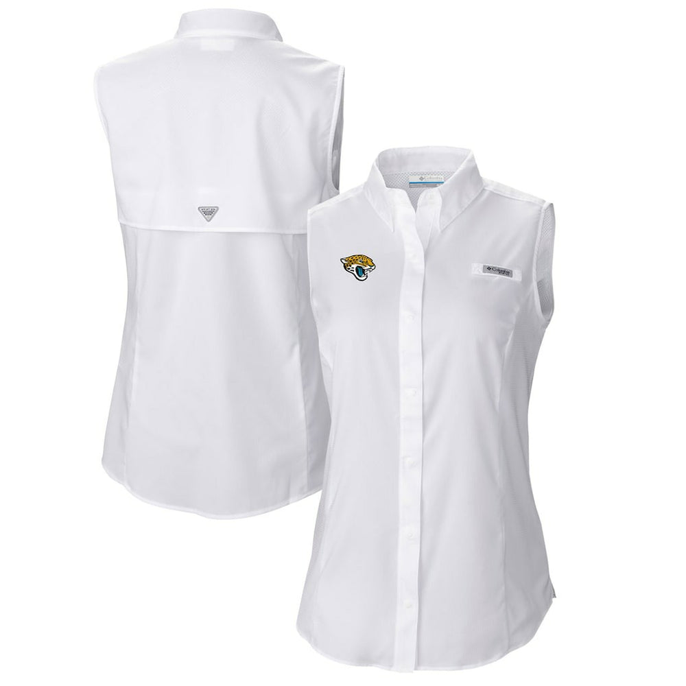 Jacksonville Jaguars Women's PFG Tamiami Omni-Shade Sleeveless Button-Up Shirt White