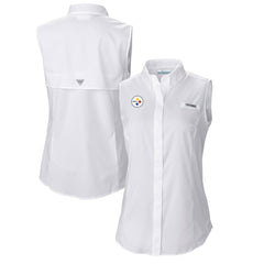 Pittsburgh Steelers Women's PFG Tamiami Omni-Shade Sleeveless Button-Up Shirt White