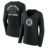 NHL,Custom Boston Bruins Women's Personalized Name & Number Monochrome Long Sleeve V-Neck T-Shirt - Black