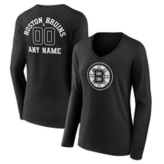 NHL,Custom Boston Bruins Women's Personalized Name & Number Monochrome Long Sleeve V-Neck T-Shirt - Black