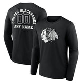 NHL,Custom Chicago Blackhawks Personalized Name & Number Monochrome Long Sleeve T-Shirt - Black