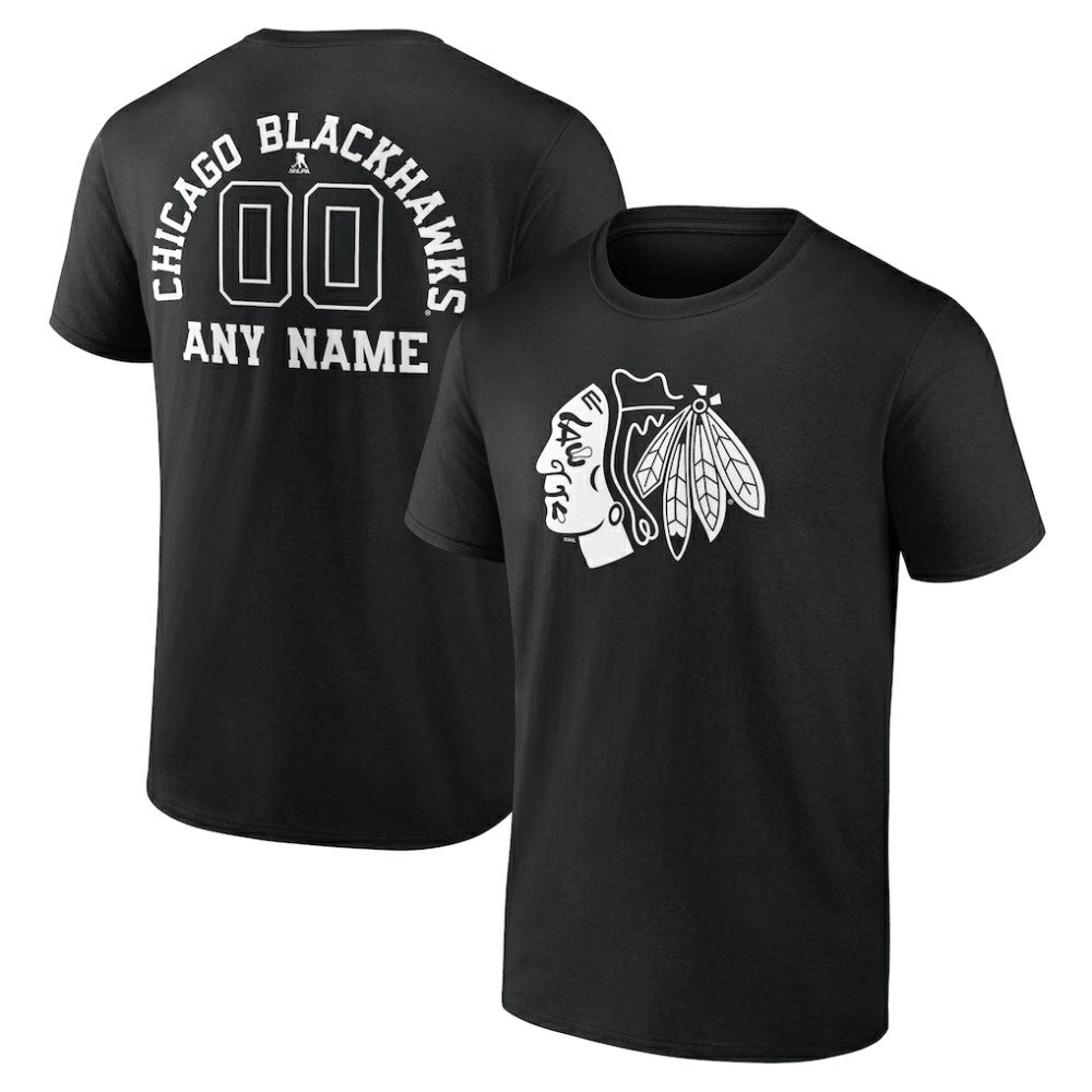 NHL,Custom Chicago Blackhawks Personalized Name & Number Monochrome T-Shirt - Black