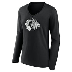 NHL,Custom Chicago Blackhawks Women's Personalized Name & Number Monochrome Long Sleeve V-Neck T-Shirt - Black