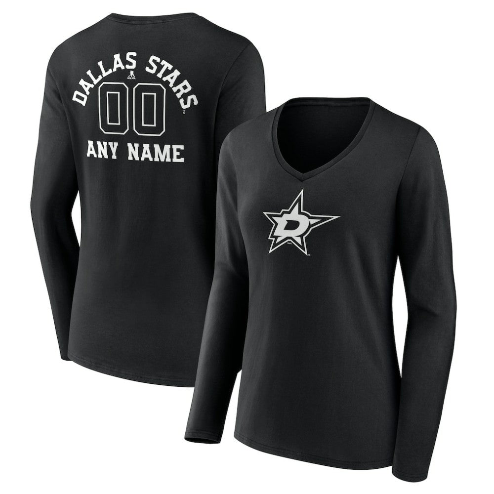 NHL,Custom Dallas Stars Women's Personalized Name & Number Monochrome Long Sleeve V-Neck T-Shirt - Black