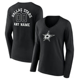 NHL,Custom Dallas Stars Women's Personalized Name & Number Monochrome Long Sleeve V-Neck T-Shirt - Black