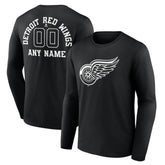 NHL,Custom Detroit Red Wings Personalized Name & Number Monochrome Long Sleeve T-Shirt - Black