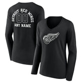 NHL,Custom Detroit Red Wings Women's Personalized Name & Number Monochrome Long Sleeve V-Neck T-Shirt - Black