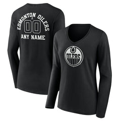 NHL,Custom Edmonton Oilers Women's Personalized Name & Number Monochrome Long Sleeve V-Neck T-Shirt - Black