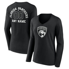 NHL,Custom Florida Panthers Women's Personalized Name & Number Monochrome Long Sleeve V-Neck T-Shirt - Black