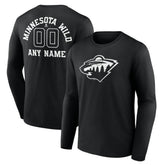 NHL,Custom Minnesota Wild Personalized Name & Number Monochrome Long Sleeve T-Shirt - Black