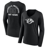 NHL,Custom Nashville Predators Women's Personalized Name & Number Monochrome Long Sleeve V-Neck T-Shirt - Black